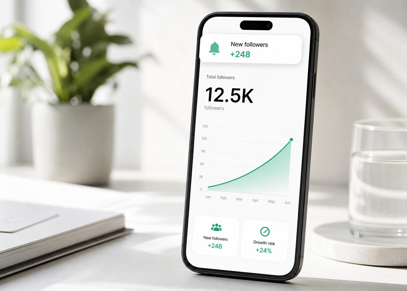 Smartphone showing a growing follower count with a rising growth chart and a new-followers notification