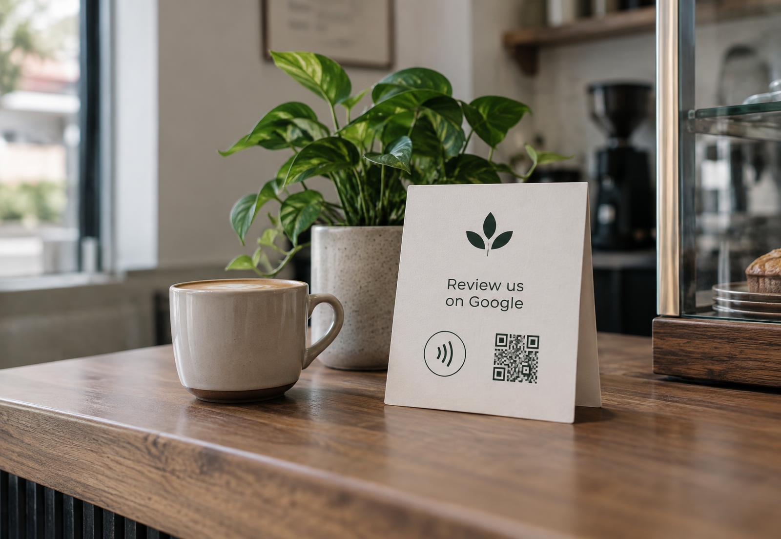 Premium branded NFC and QR Google review cards displayed on a modern reception counter